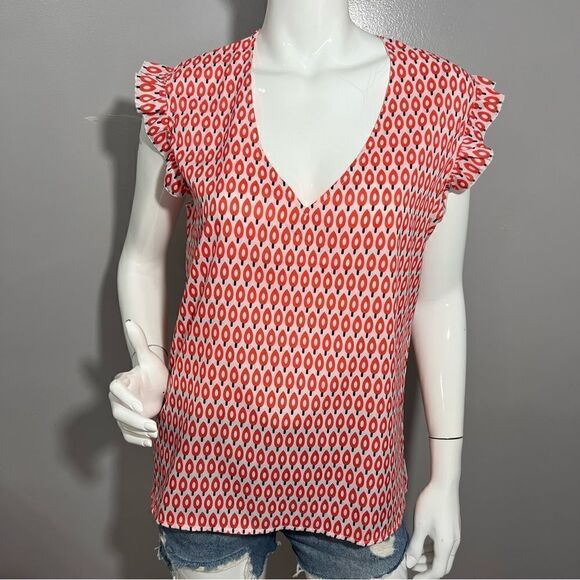 NWT Recycled Orange Graphic Print V-Neck Ruffle Sleeve Top -- L - Picture 6 of 12